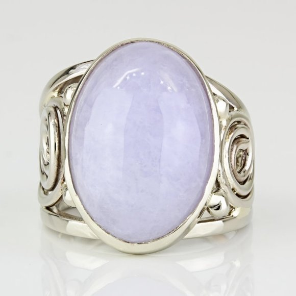 Vintage 14k Yellow Gold Oval Cabochon Lavender Jade Anniversary Scroll Ring - Picture 3 of 7